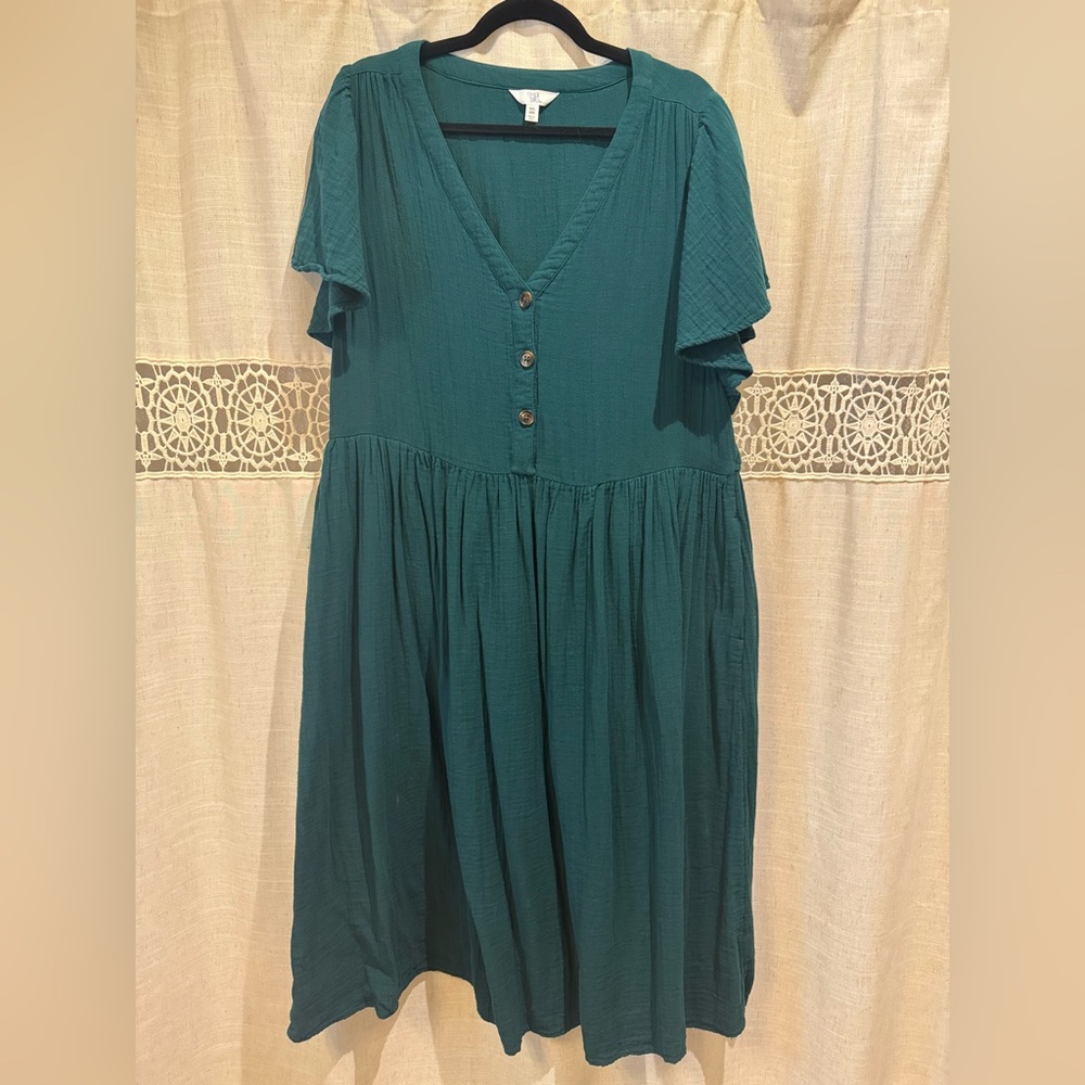Time and Tru Dark Teal Flutter Sleeve Sundress